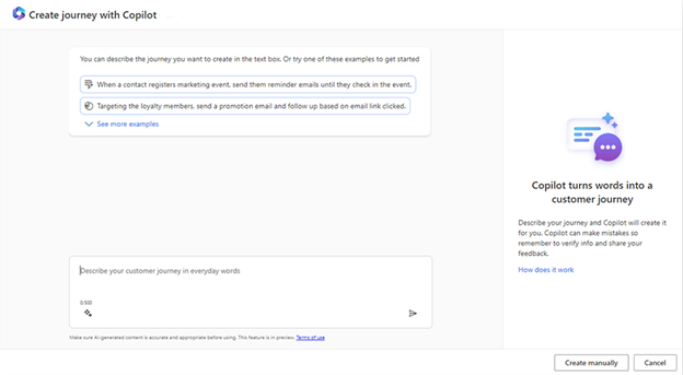 Screenshot of the Create journey with Copilot dialog in Dynamics 365 Customer Insights showing example journey prompts, a text input field to describe a customer journey, and options to create manually or cancel.