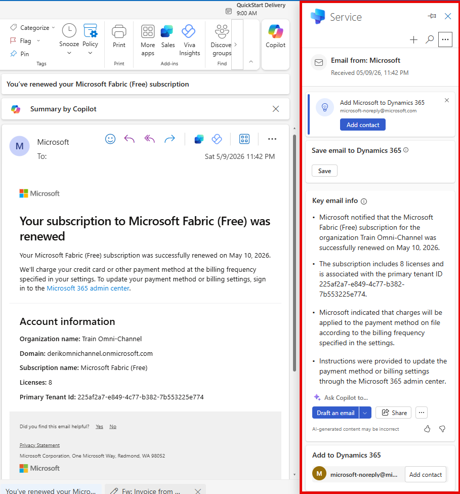 Screenshot that shows Sales in Microsoft 365 Copilot integration with Dynamics 365.