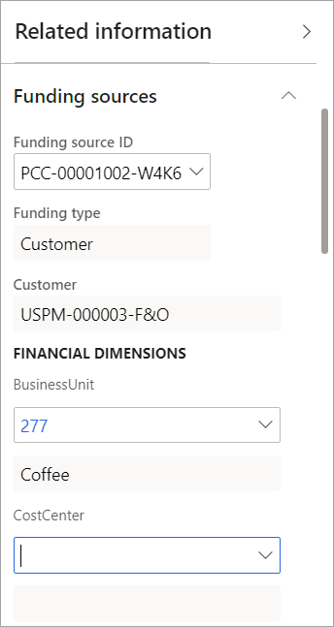 Screenshot of the Funding sources tab, showing financial dimensions.