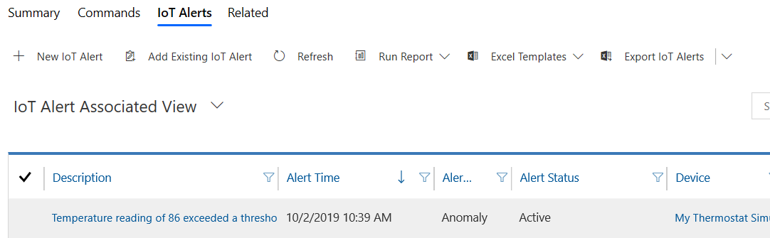 Screenshot of Alert for temperature generated by the simulator.
