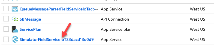 Screenshot of SimulatorFieldServiceIoTXXXX App service.
