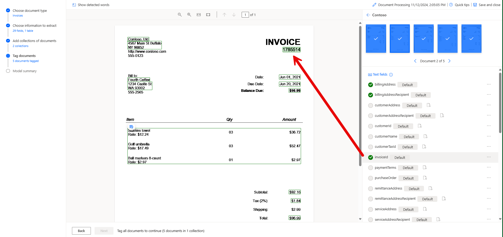 Screenshot of invoiceID field tag showing the field highlighted in the document.