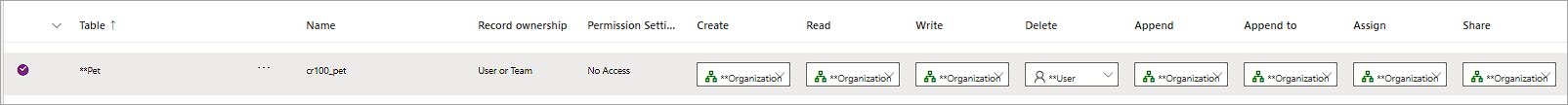 Screenshot of the security role.