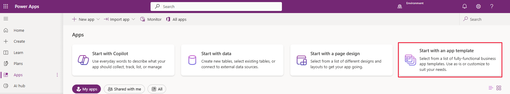 Screenshot of the Power Apps Create your app page.