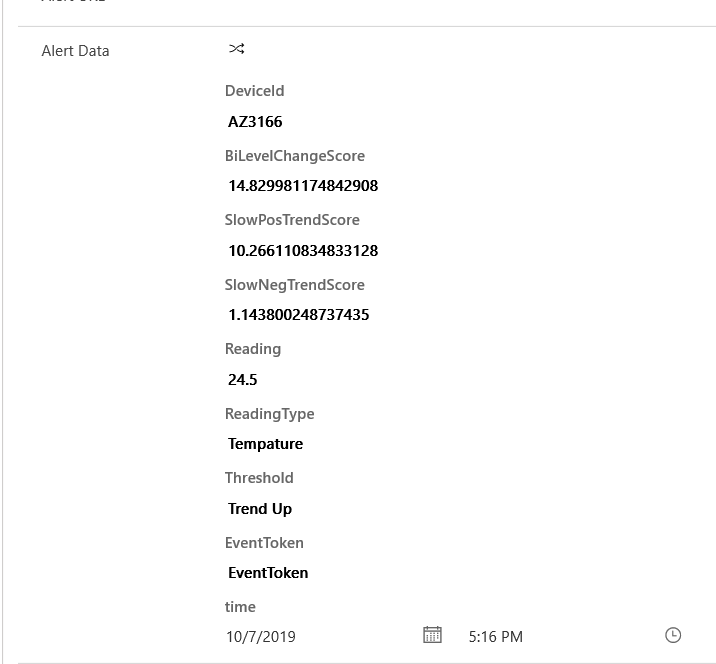 Screenshot of Alert Data section with sensor information from the device.