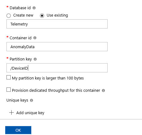 Screenshot of details for container ID and partition key.