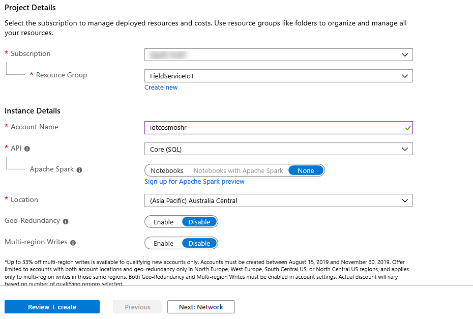 Screenshot of project details of your subscription, resource group, account name, API, location and the Review + create button.