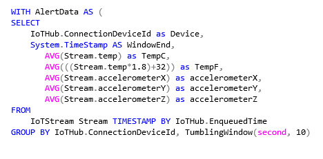 Screenshot of an example to change the query to produce averages across a 10 second tumbling window.
