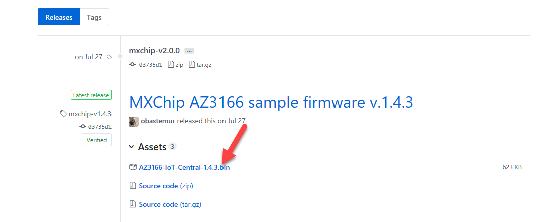 Screenshot of the AZ3166-IoT-Central-x.x.x.bin to select.
