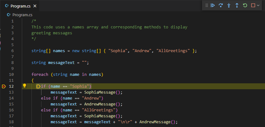 Screenshot showing code execution paused on a breakpoint.