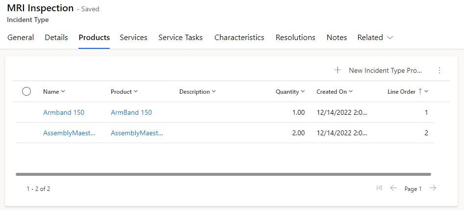 Screenshot of the Products tab on an Incident Type form.