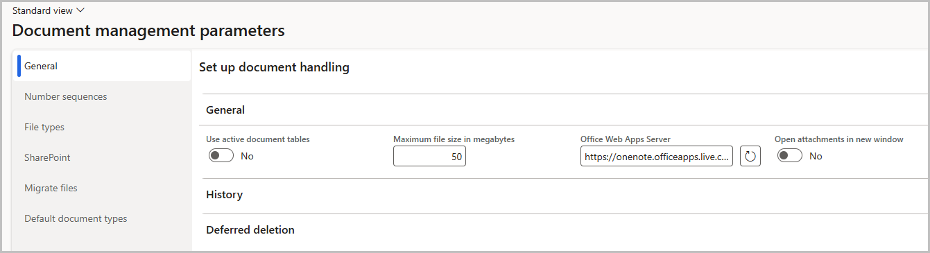 Screenshot showing the document management parameters.