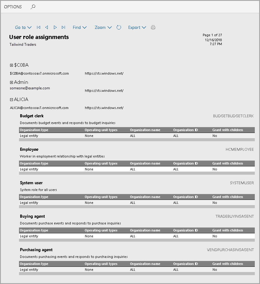 Screenshot of the User role assignments report.