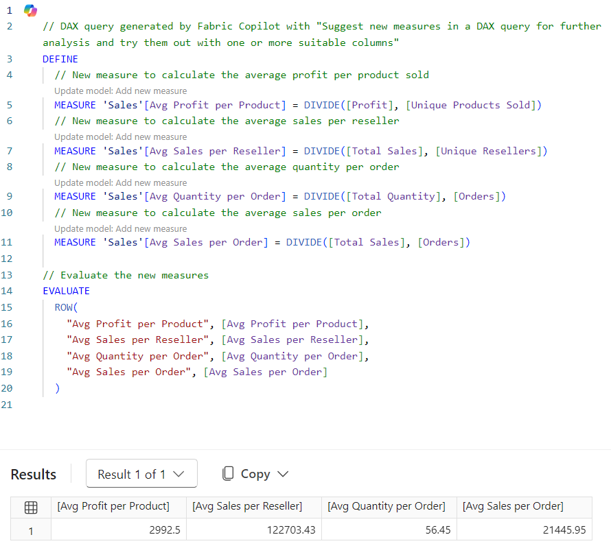 Screenshot of the 'Suggest Measures' prompt with the suggested measures and table results as previously described.