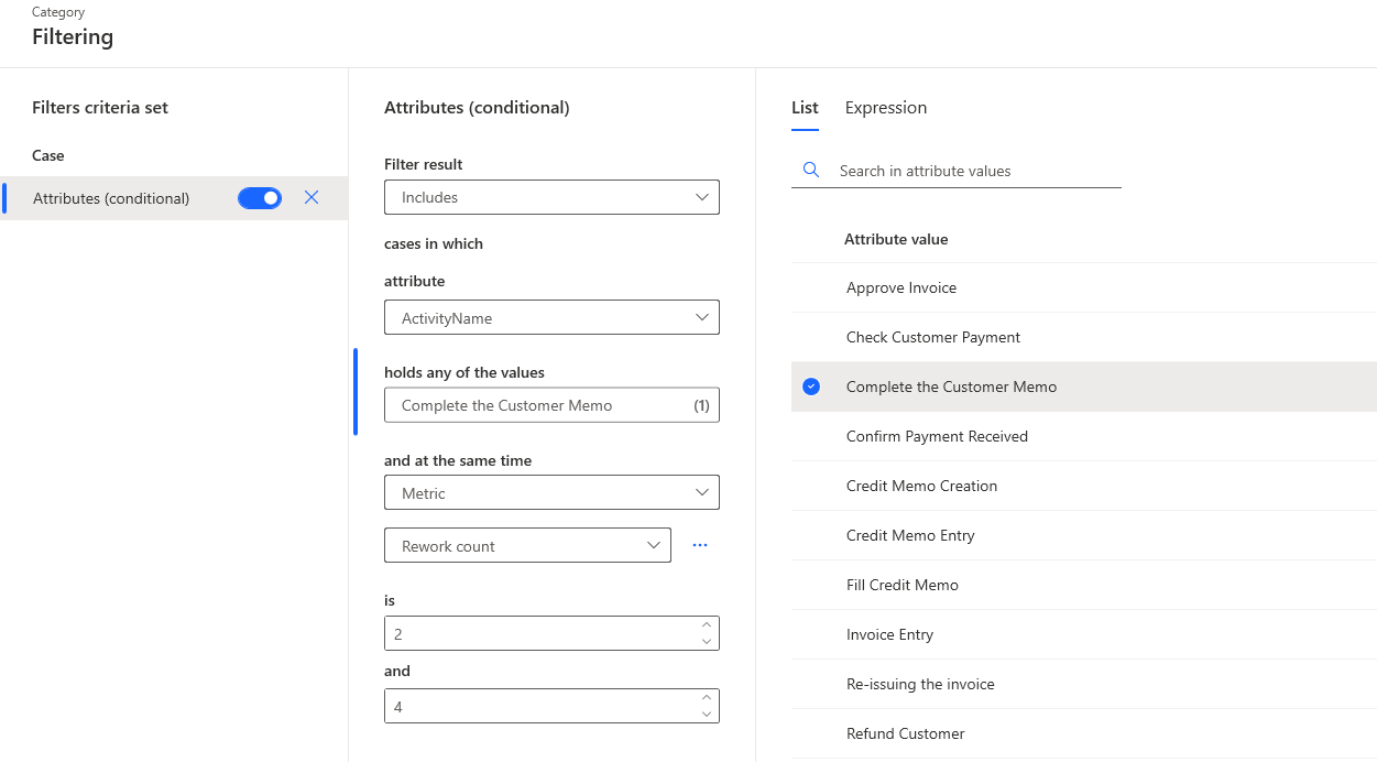 Screenshot of the filtering with the Rework count metric selected.