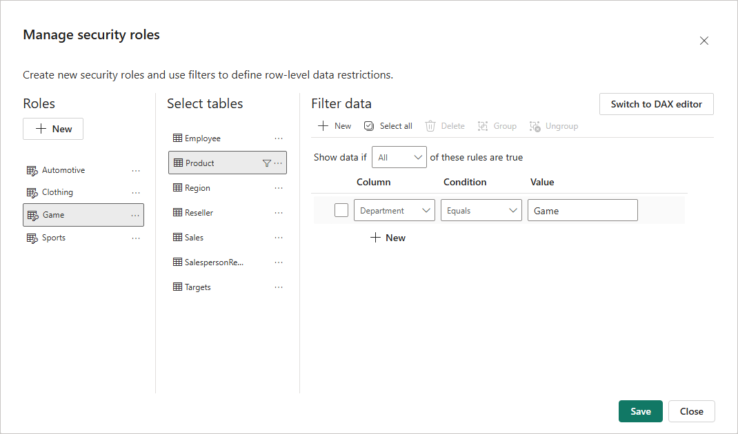 Screenshot of the Manage roles dialog showing roles, tables, and table filter DAX expression.