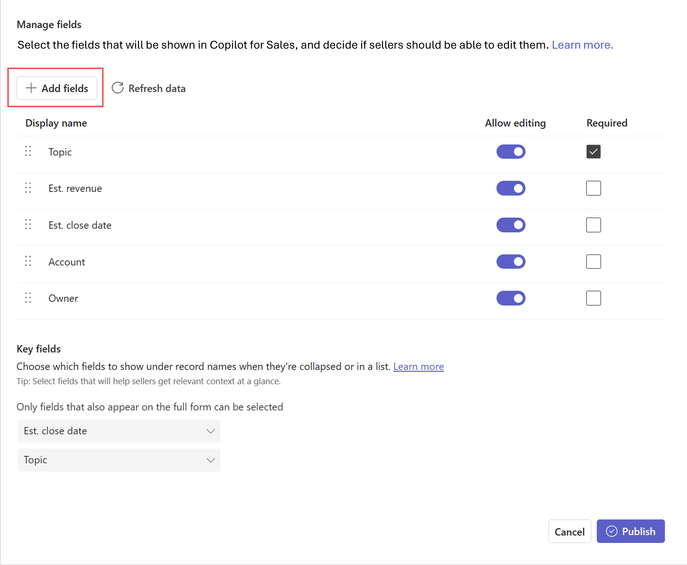 Screenshot showing how to add fields to a CRM record.