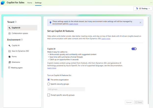 Screenshot of application settings for a tenant.