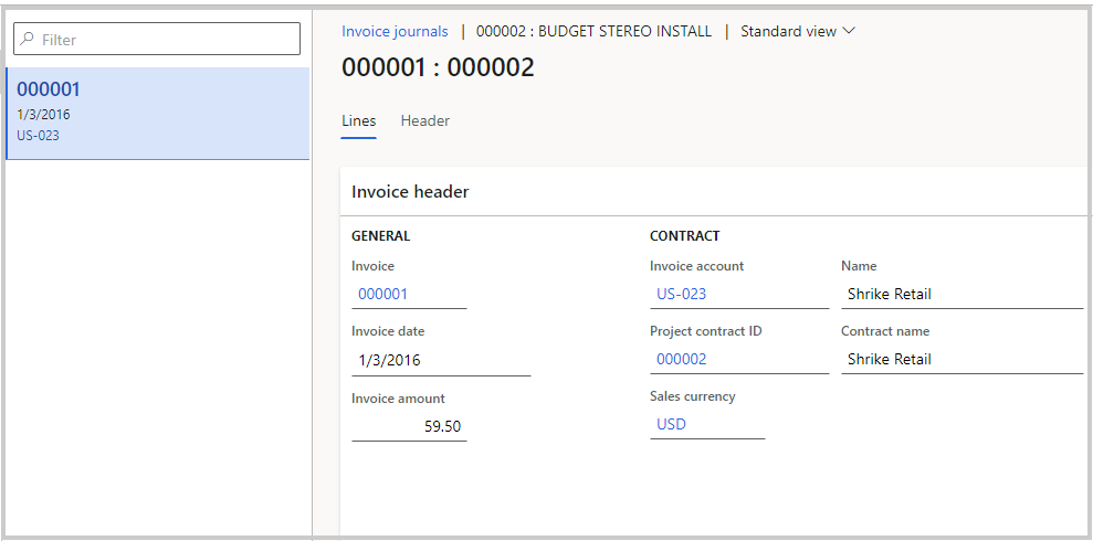 Screenshot of the Standard view of a project invoice.