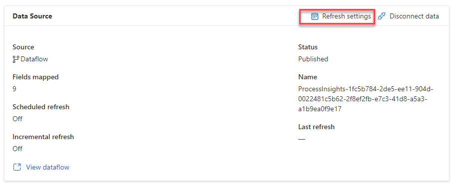 Screenshot showing the Refresh settings button on the Data Source pane.