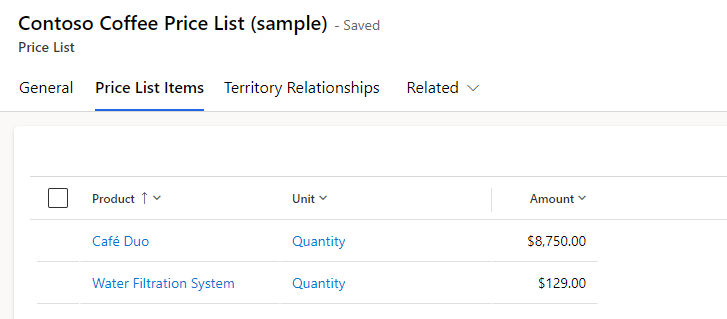 Screenshot showing the Price List Items tab.