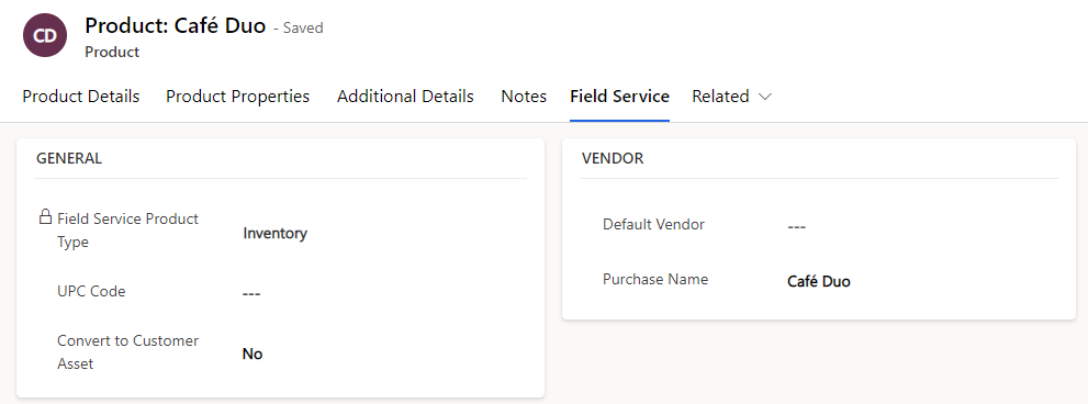 Screenshot of the product type Field Service details.