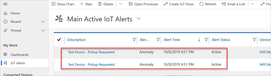 Screenshot of the alerts generated by the simulator.