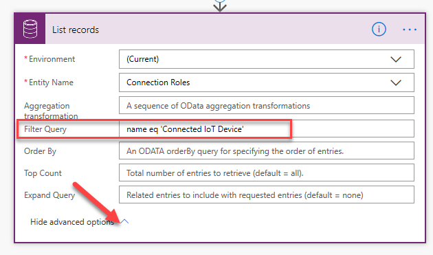 Screenshot of the Filter Query set as name eq 'Connected IoT Device'.