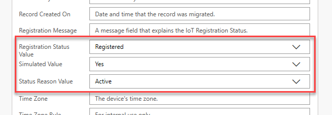 Screenshot of Registration Status Value, Simulated Value, and Status Reason Value details.