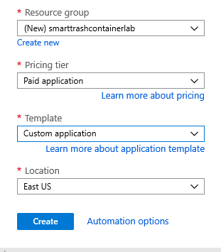 Screenshot of Resource group, Pricing tier, Template, and Location details with Create button.