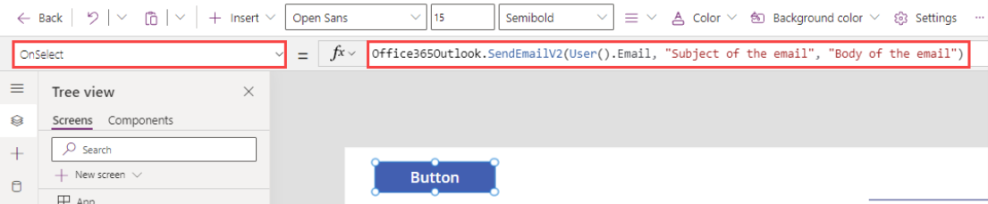 Screenshot of setting the OnSelect property of an Office 365 Outlook formula.