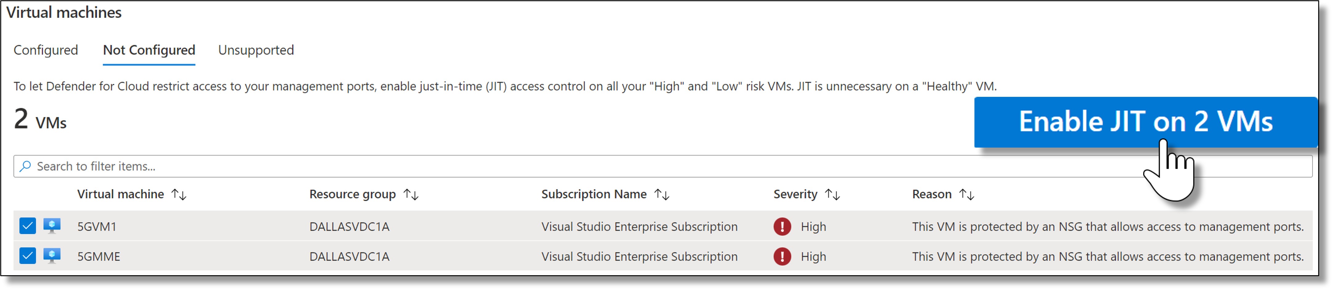 Screenshot of the recommended virtual machines page.