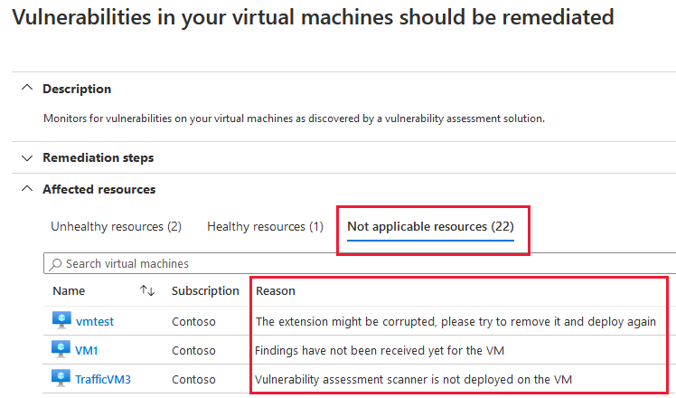 Screenshot showing an example of how to view not applicable resources that are listed in under the affected resources column.