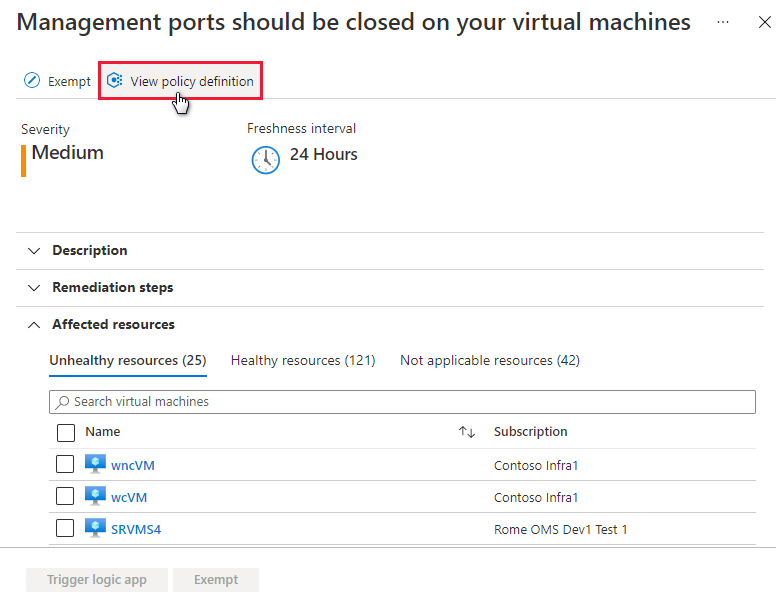 Screenshot showing an example of how to view policy definitions for unhealthy virtual resources.