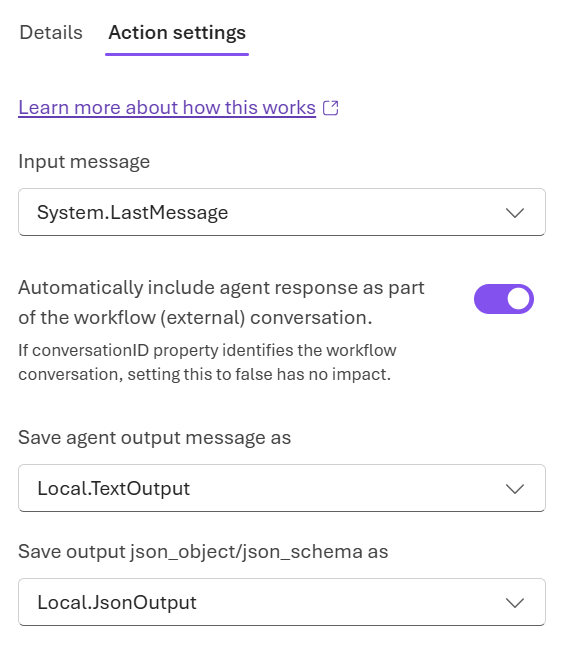 Screenshot showing how to store agent output in a variable for later use in the workflow.