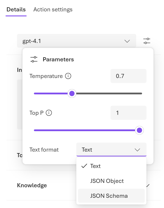 Screenshot of the Invoke agent node parameters showing the response schema configuration.