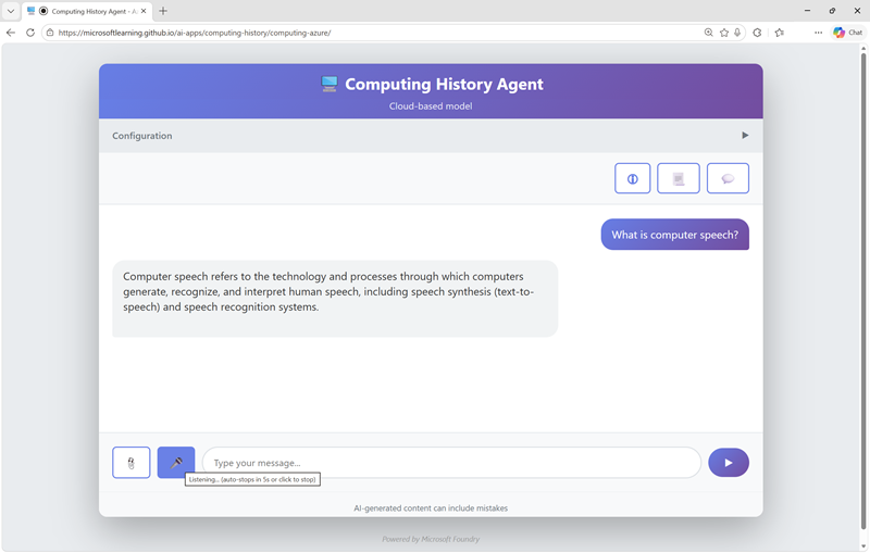 Screenshot of a computing history site performing speech recognition.