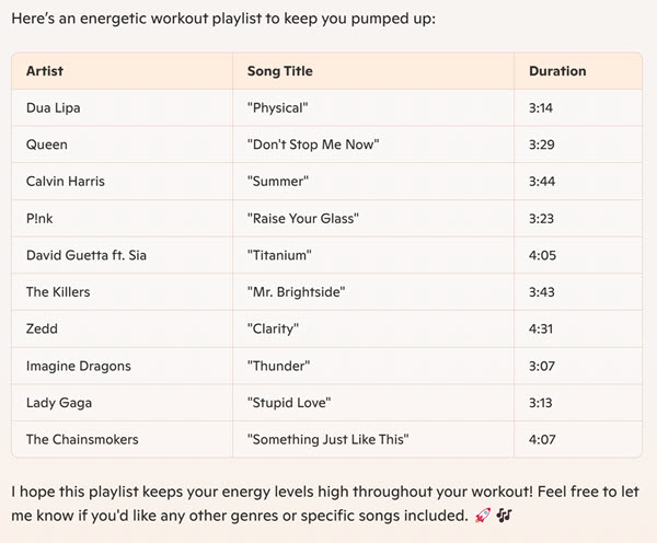 Screenshot of a Copilot-generated playlist of 10 songs.
