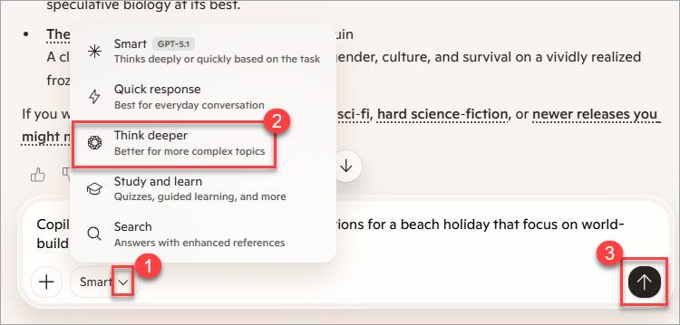 Screenshot of Copilot highlighting selection option drop-down, Think Deeper, and submit button highlighted.