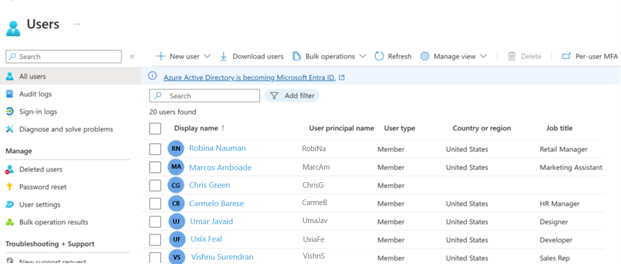 Screenshot of the All Users page of Microsoft Entra ID. See users and information about them.