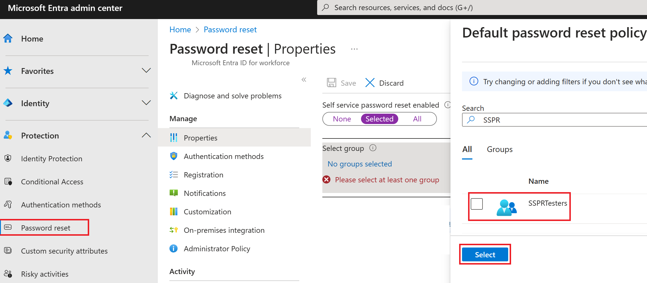 Screenshot of Microsoft Entra ID configure Self-Service Password Reset dialog. SSPR feature is being enabled for a group of users called SSPR Test Group.
