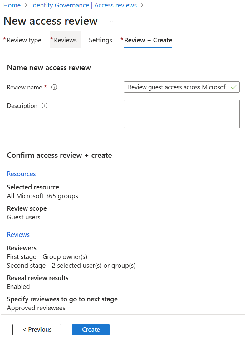 Screenshot of the create review screen. Overview of the access review that finished creation.
