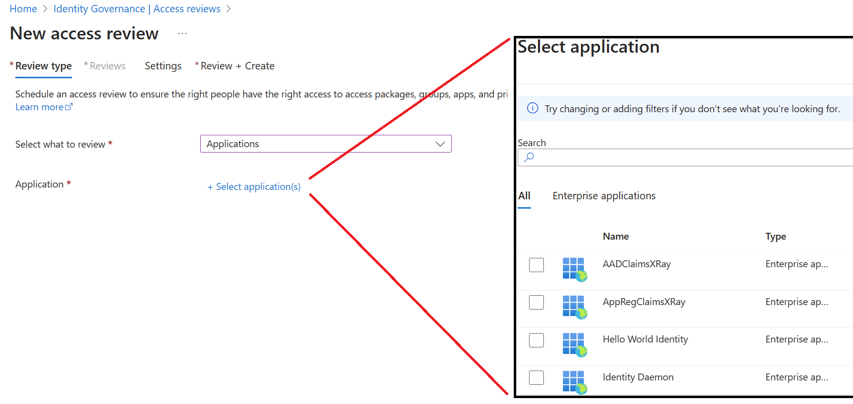 Screenshot of The interface displayed if you chose applications rather than groups.
