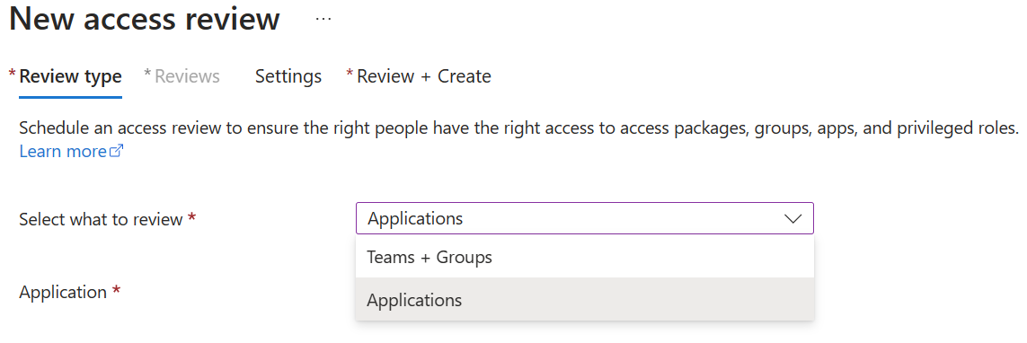 Screenshot of the Create an access review - Review name and description dialog.