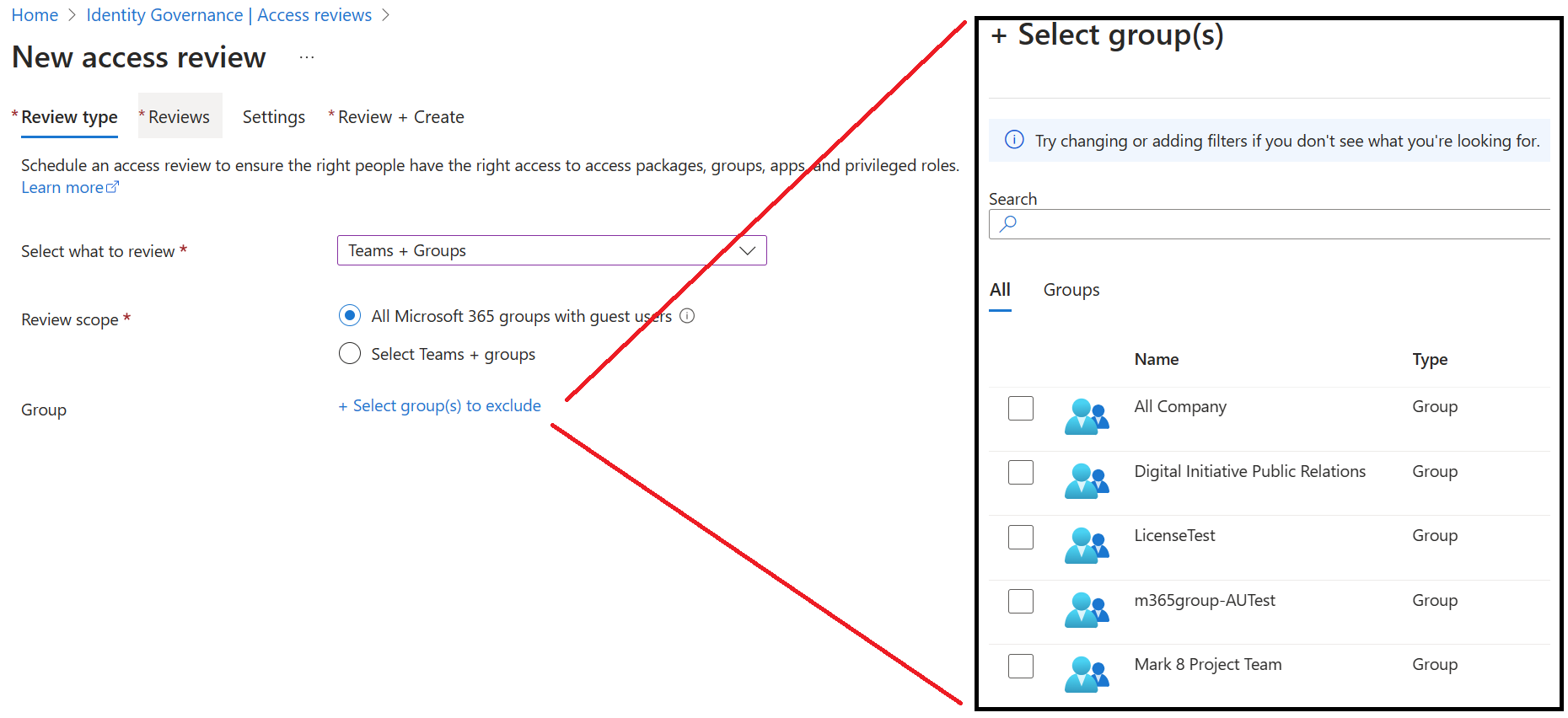 Screenshot of the Teams and groups chosen in the user interface. Selected items are excluded.
