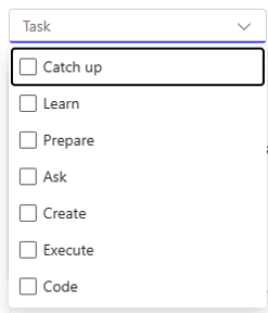 Screenshot of the Task drop-down menu on the Copilot Prompt Gallery window.