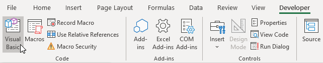 Screenshot to select Visual Basic in the Code category on the Developer tab.
