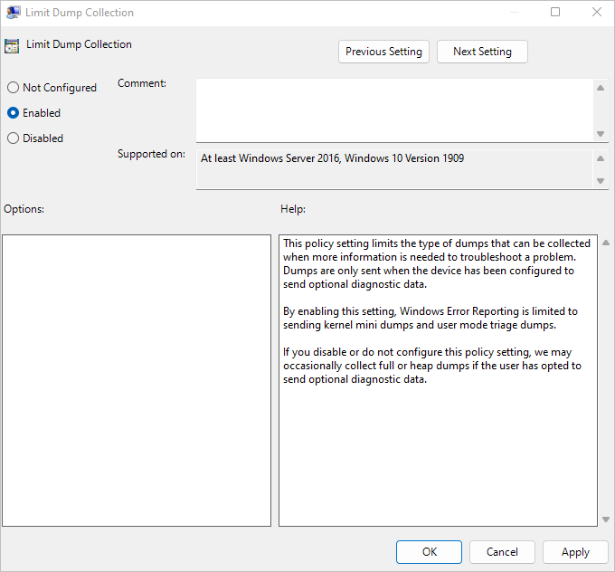 Screenshot of the Limit Dump Collection window with Enabled selected.