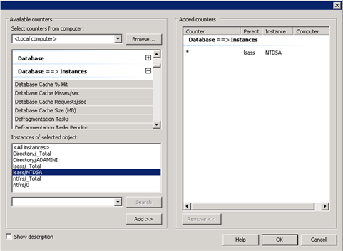 Screenshot of selected lsass/NTDSA under Instances of selected object.