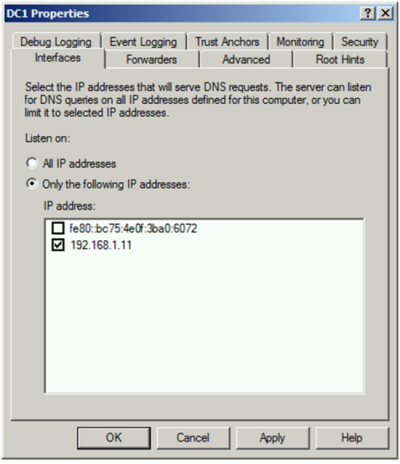 Screenshot of the DNS server properties that shows a specific IP address on the Interfaces tab.